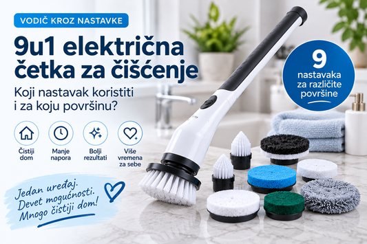 9u1 električna četka za čišćenje sa devet nastavaka za kupatilo, kuhinju, pločice i različite površine.