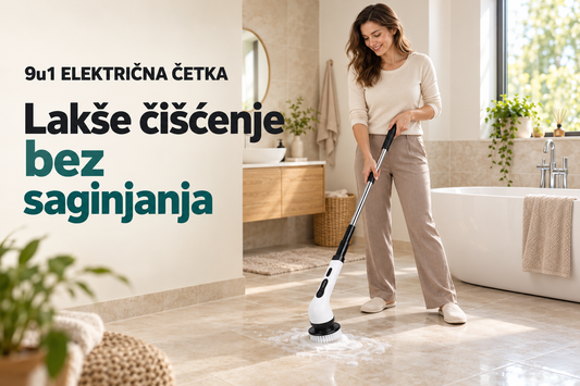 Žena čisti pod kupatila 9u1 električnom četkom sa produživom drškom bez saginjanja.