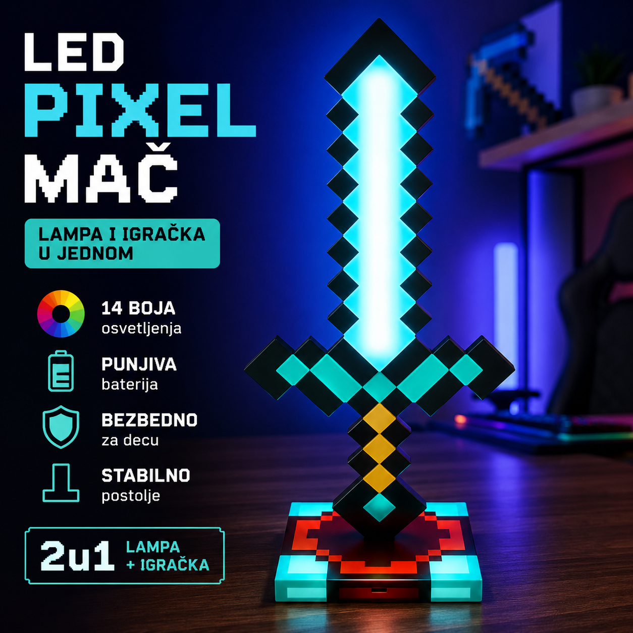 LED Pixel Mač sa Postoljem – Lampa i Igračka